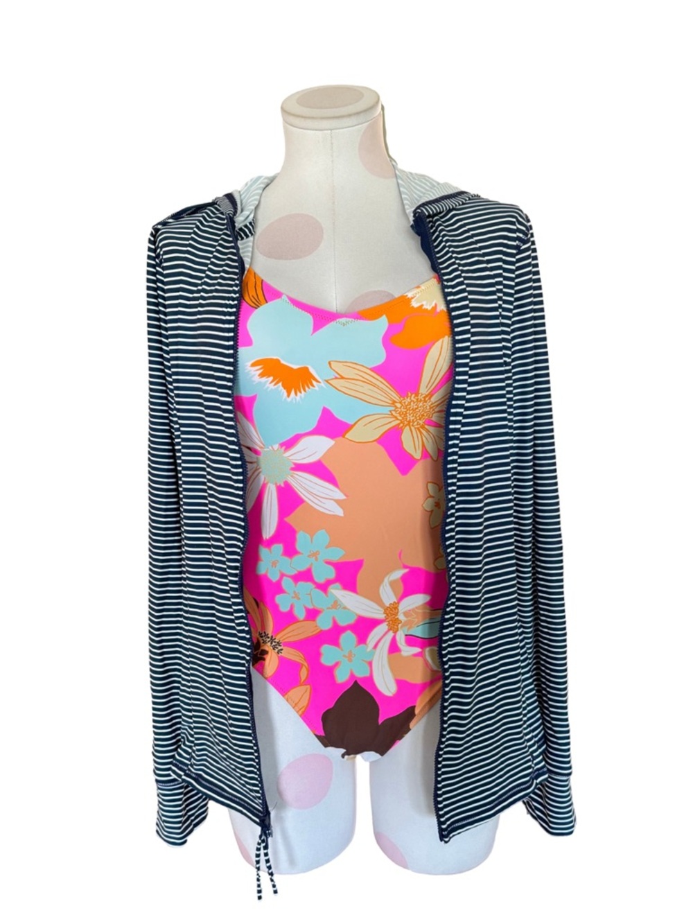 Athleisure coastal Activewear Zip Hoodie Rashguard Navy White Striped L - Picture 13 of 14